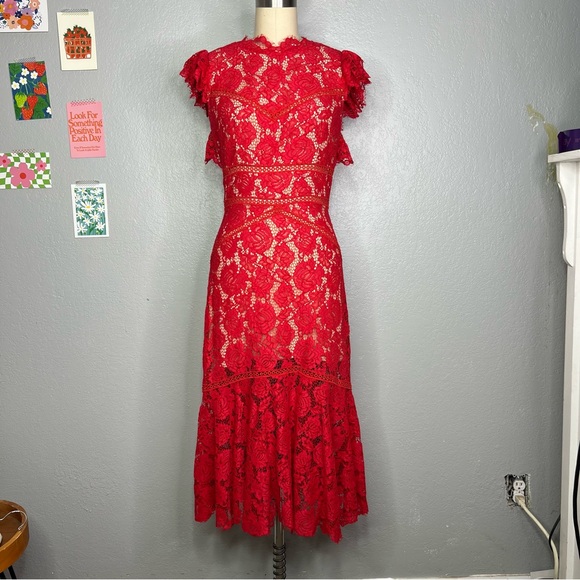 SAYLOR Lace High Neck Ruffled Trumpet Midi Dress Medium - Picture 12 of 14